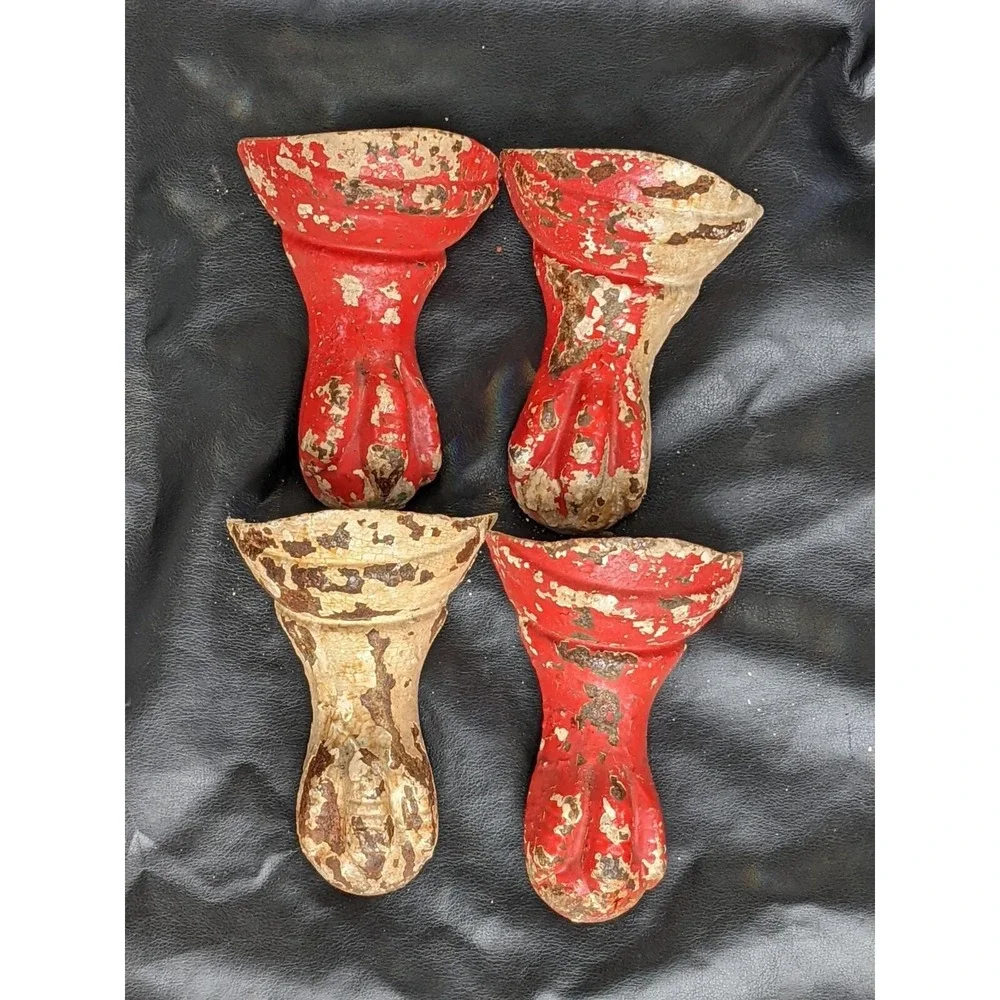 Set of 4 Architectural Salvage Cast Iron Tub Claw Ball Feet Red White 6 Inch